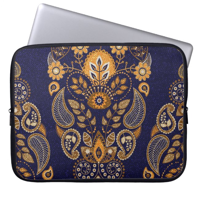 Guld och blått, blommigt, sömlöst mönster. laptop fodral (Framsidan)
