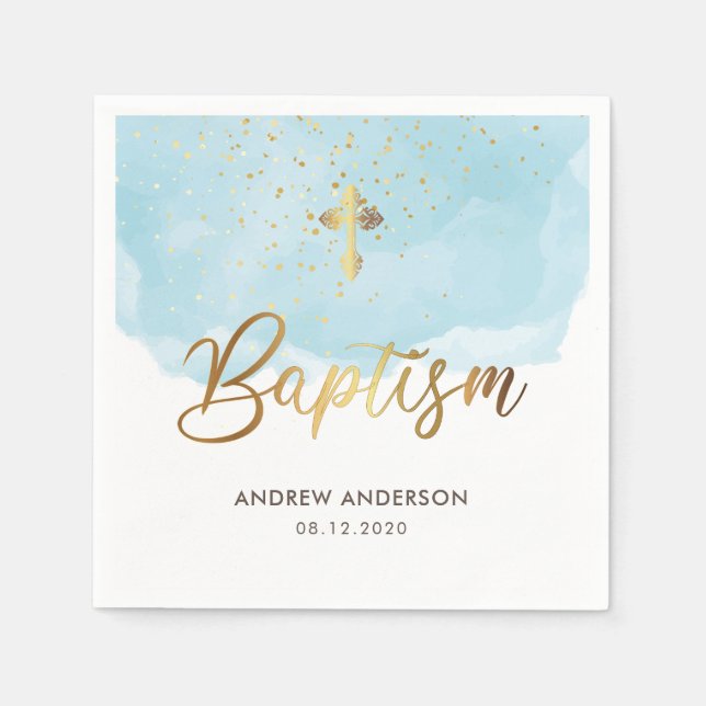 Guld Och Blått Vattenfärg Pojk Dop Pappersservett (Framsidan)