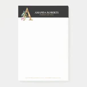 Guld och blommor med texten Monogram A Post-it Block