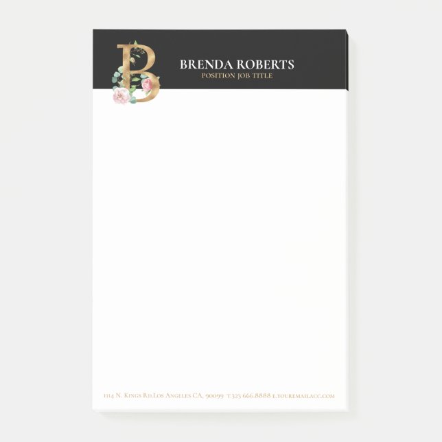 Guld och blommor med texten Monogram B Post-it Block (Framsida)