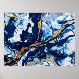 Guld och Blue Acrylic Painting Abstrakt Art Abstra Poster
