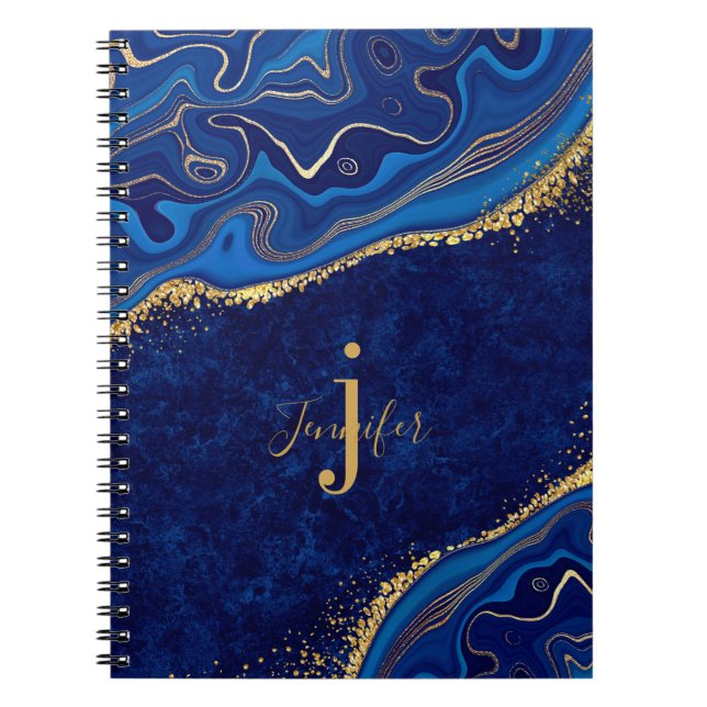 Guld och Blue Agate Modern Elegant Marble Anpassni Anteckningsbok (Framsidan)