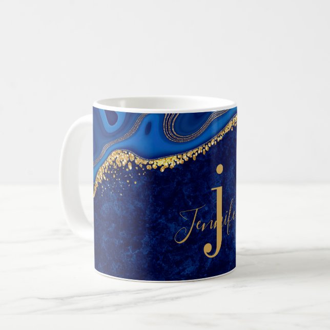 Guld och Blue Agate Modern Elegant Marble Anpassni Kaffemugg (Framsida vänster)