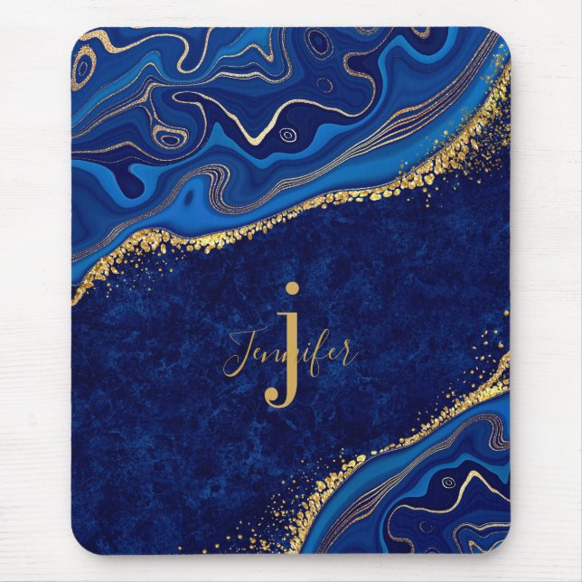 Guld och Blue Agate Modern Elegant Marble Anpassni Musmatta (Framsidan)