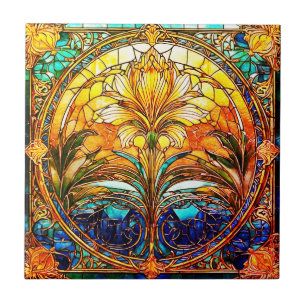 Guld och Blue Art Deco Nouveau Ceramic Tile Kakelplatta
