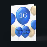 Guld och Blue Balloons 16:e födelsedagskortet Kort<br><div class="desc">Personlig guld och blå ballonger 16:e födelsedagskort för honom,  som du lätt kan anpassa framsidan av detta födelsedagskort med hans namn och ålder.</div>