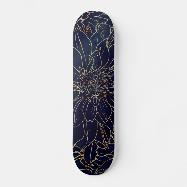 Guld och Blue Dahlia Flower Mini Skateboard Bräda 18,5 Cm (Framsida)