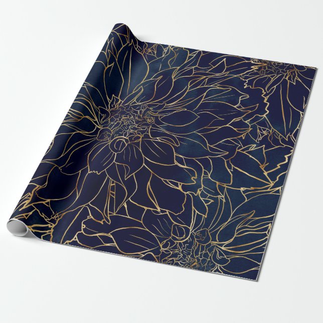 Guld och Blue Dahlia Flower Presentpapper (Utrullad)