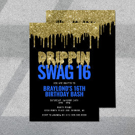 Guld och Blue Drippin Swag 16 Birthday Inbjudningar