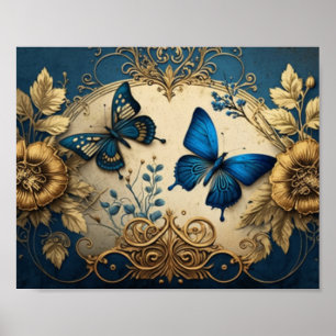 Guld och Blue Gylold butterfly Decoupage Poster