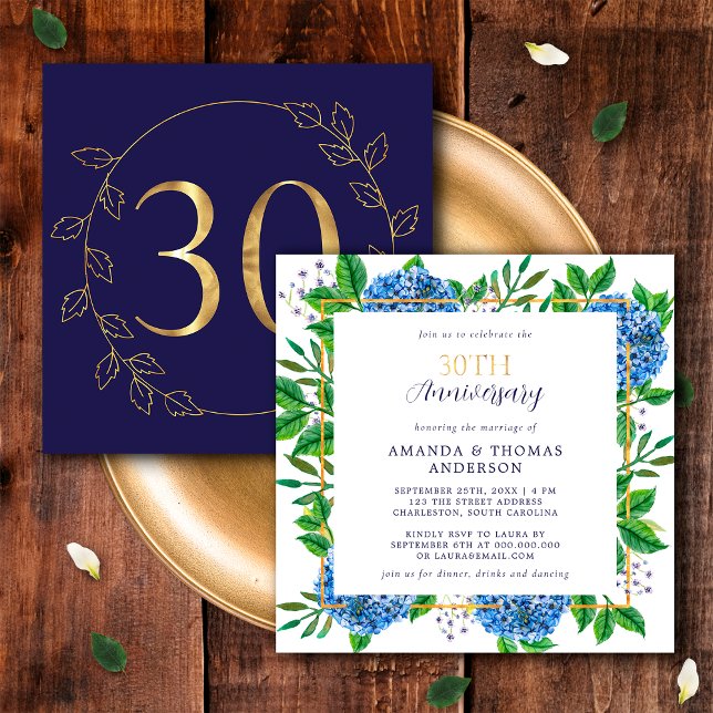 Guld och Blue Hydrangea 30:e Bröllop-årsdagen Inbjudningar (Front / Back)