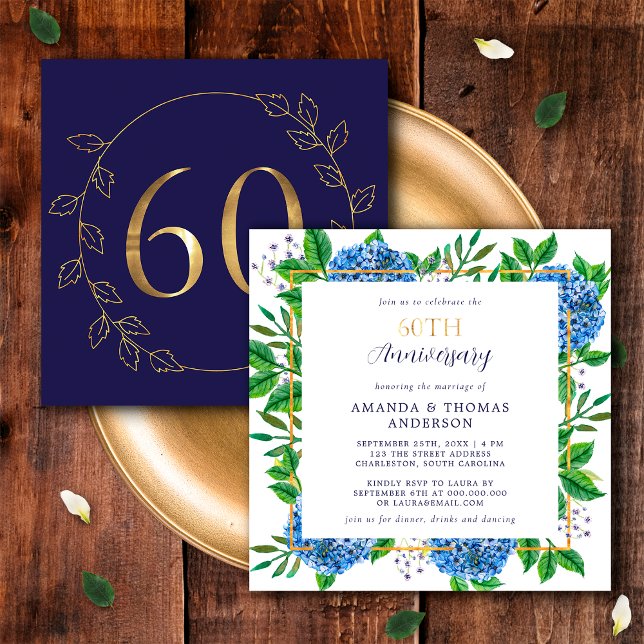 Guld och Blue Hydrangea 60:e Bröllop-årsdagen Inbjudningar (Front / Back)