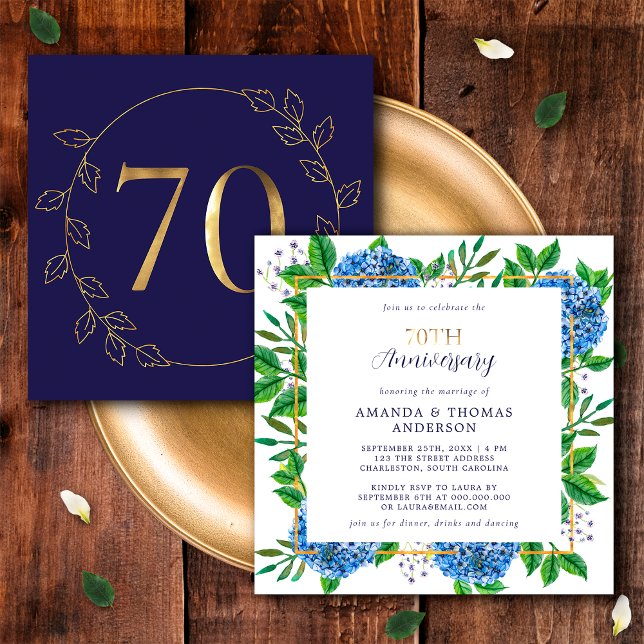 Guld och Blue Hydrangea 70:e Bröllop-årsdagen Inbjudningar (Front / Back)