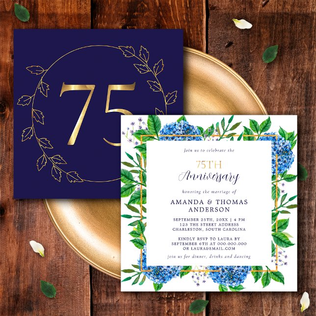 Guld och Blue Hydrangea 75:e Bröllop-årsdagen Inbjudningar (Front / Back)