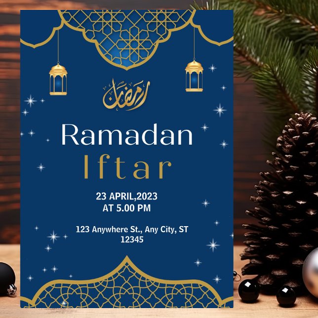 Guld och Blue Illustrative Ramadan Iftar Inbjudningar (Skapare uppladdad)