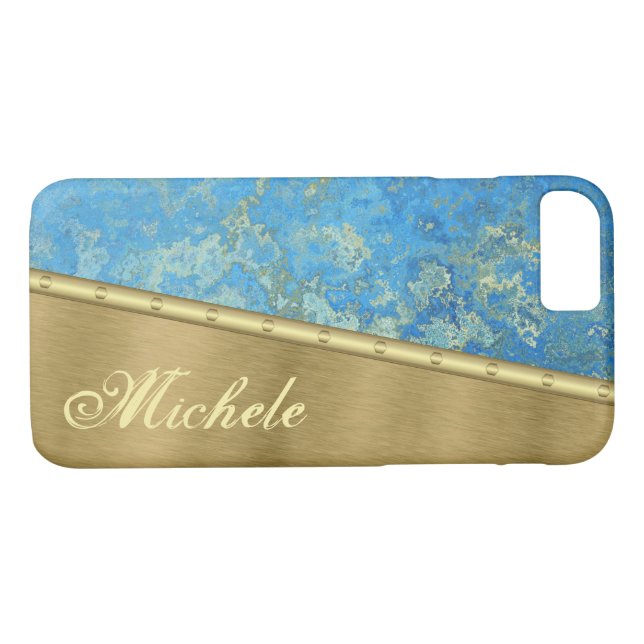 Guld och Blue Quartz Monogrammed Case-Mate iPhone Skal (Baksida (horisontal))