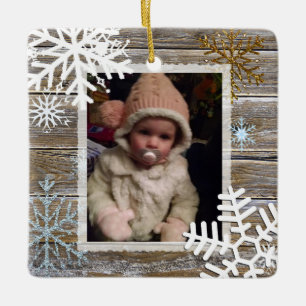 Guld och Blue Snöflingor Helgdagars Photo Ornament