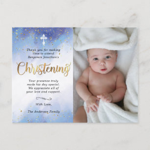 Guld och Blue Watercolor Christening Photo Tack Vykort