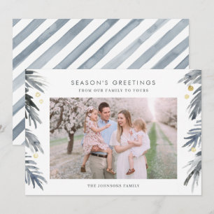 Guld och Blue Watercolor Winter Foliage Helgdag Ca Julkort