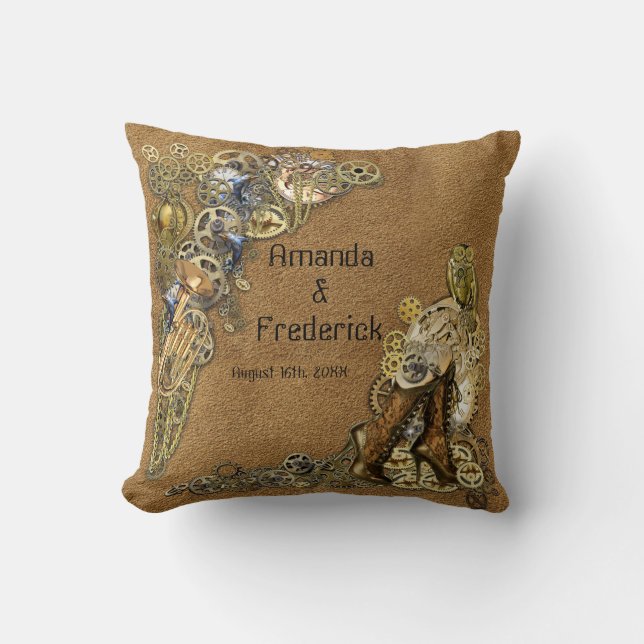 Guld och Brass Steampunk skulpturer på suede Kudde (Framsida)