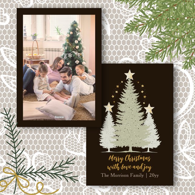 Guld och Brown Julgran och Stars Photo Julkort (Gold and Brown Christmas Tree and Stars Photo Holiday Card)