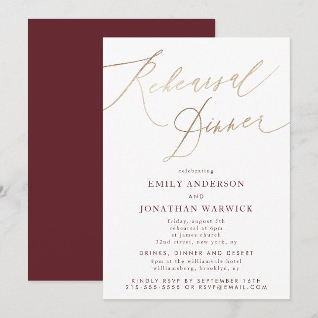 Guld och Burgundy Fall Calligraphy Bröllop Rehears Inbjudningar (Fram/baksida)