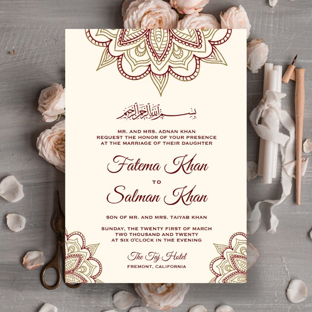 Guld och Burgundy Henna Mehndi Islamic Bröllop Inbjudningar (Skapare uppladdad)