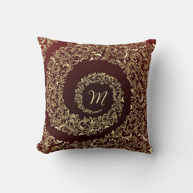 Guld och Burgundy Monogram Decorative Kudde (Framsida)