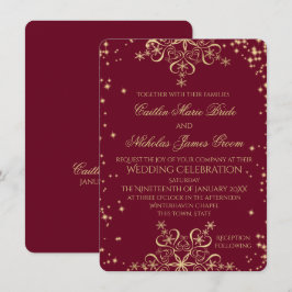 Guld och Burgundy Winter Wedding Snöflingor Inbjudningar