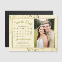 Guld- och crèmfärgad kalender- och fotosparadagsma