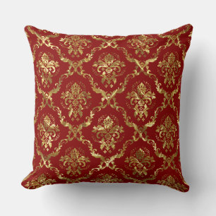 Guld och Crimson Red Vintage Blommigt Damask Kudde