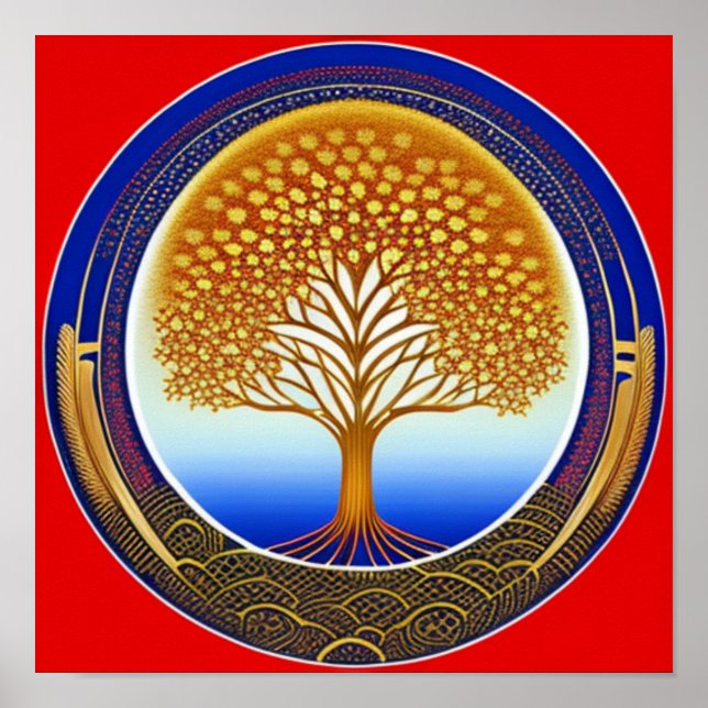 Guld och Cyan Livets träd Poster (Framsidan)