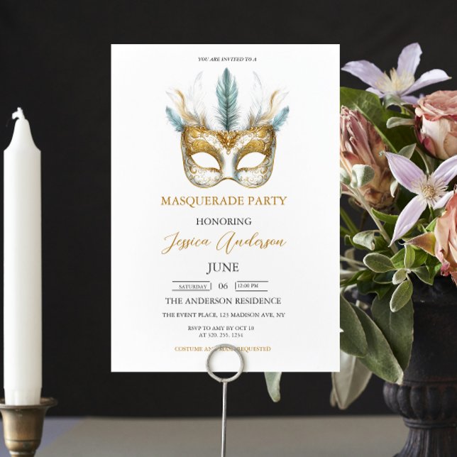Guld och den vita masken Masqueraden Party födelse Inbjudningar (Skapare uppladdad)