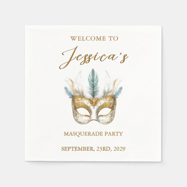 Guld och den vita masken Masqueraden Party födelse Pappersservett (Framsidan)