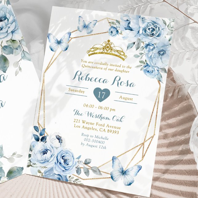 Guld och Dusty Blue Blommigt Krona Quinceañera Inbjudningar (Skapare uppladdad)