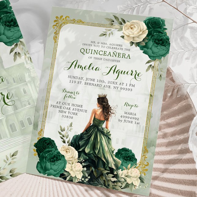 Guld och Emerald Grönt Castle Princess Quinceañera Inbjudningar (Skapare uppladdad)