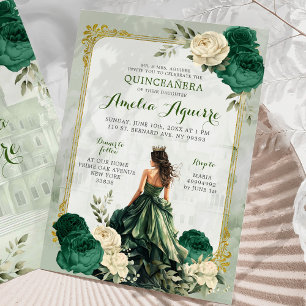 Guld och Emerald Grönt Castle Princess Quinceañera Inbjudningar