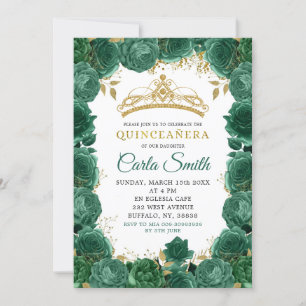 Guld och Emerald Grönt Ro Quinceañera Inbjudningar