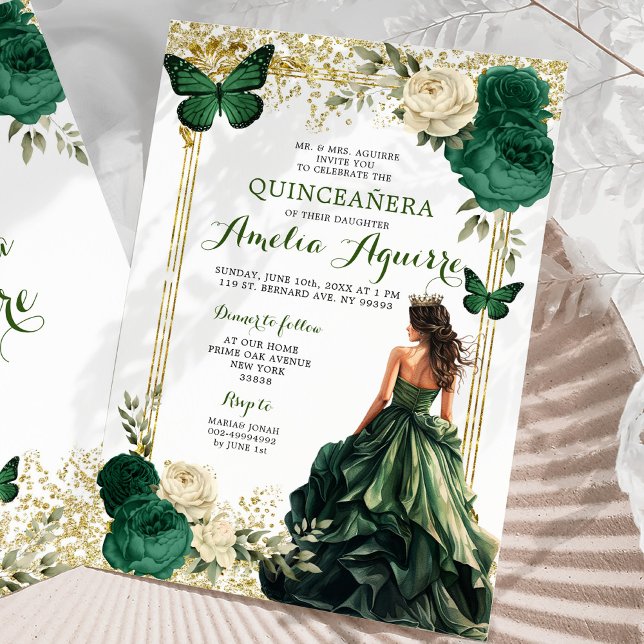 Guld och Emerald Grönt Royal Princess Quinceañera Inbjudningar (Skapare uppladdad)