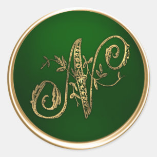 Guld och Emerald Monogram N kuvert Seal Runt Klistermärke