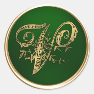 Guld och Emerald Monogram V Kuvert Seal Runt Klistermärke