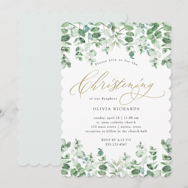 Guld och Eucalyptus Elegant Watercolor Christening Inbjudningar (Fram/baksida)