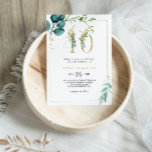 Guld och eukalyptus 40:e födelsedagen Party Inbjudningar<br><div class="desc">Guld och Eucalyptus 40-årsfestinbjudan är perfekt för en elegant på 40-årsdagen firande. Utformningen har handmålad grönt,  guld och blått löv och blommor som är väl placerade i bouquets och den geometriska eleganten ramar.</div>
