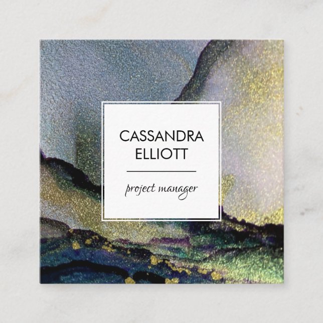 Guld och färgfull Abstrakt Alcohol Bläck Vätskekon Fyrkantigt Visitkort (Framsida)