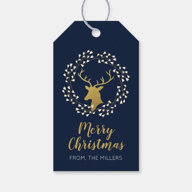 Guld och flottan | Modern Hjort God jul Gift Märkr Presentetikett (Framsidan)