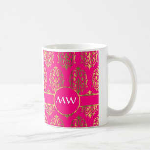 Guld- och fuchsia rosa damastast mönster kaffemugg