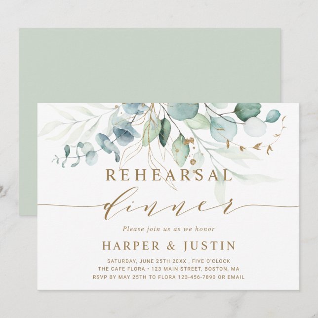 Guld och grön botanisk repetitionmiddag inbjudningar (Fram/baksida)