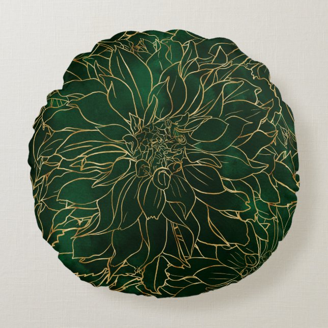 Guld och grön Dahlia-blomma Rund Kudde (Framsidan)