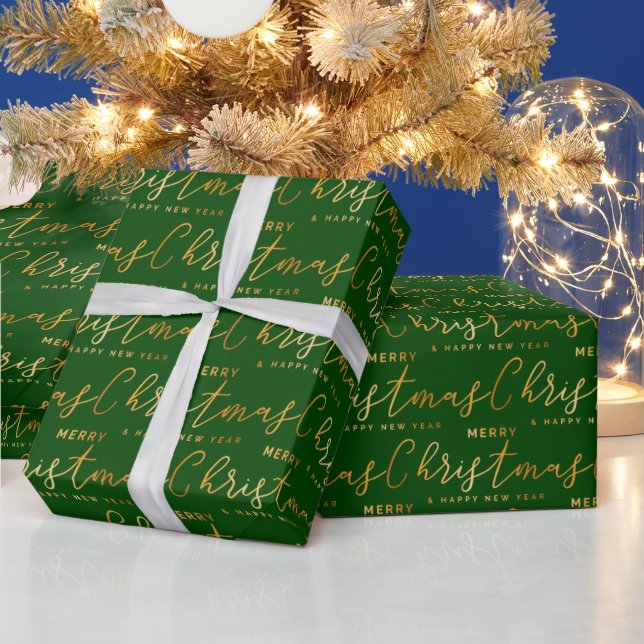 Guld och grön glad jul ordkonst presentpapper (Helgdagar)