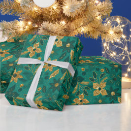 Guld- och gröna julstjärnor blommor presentpapper